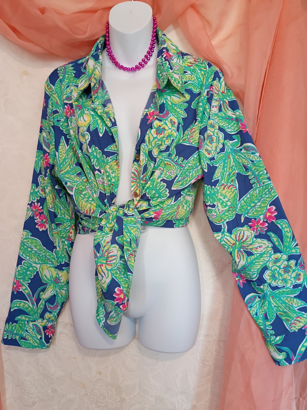 Caribbean Joe Ladies Green/Navy Button Down with Floral PrintSz XL